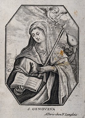 Saint Geneviève is holding the Bible and a torch which an angel lights with a candle but a devil tries to extinguish with bellows; Notre Dame Cathedral in the background. Engraving.