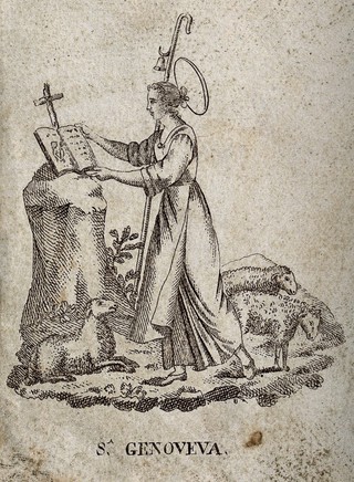 Saint Geneviève as a shepherdess holding an open Bible. Engraving.
