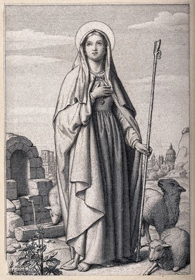 Saint Geneviève as a shepherdess, sheep at her feet; Notre Dame Cathedral in the background. Engraving.