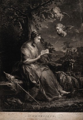 Saint Geneviève as a shepherdess, seated under a tree, reading a book; sheep at her side, three angels in the sky. Mezzotint by S. De Wilde after C. Vanloo, 17-- (?).