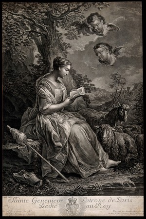 view Saint Geneviève as a shepherdess, seated under a tree, reading a book with sheep at her side; three angels in the sky. Engraving by J.J. Balechou after C. Vanloo.