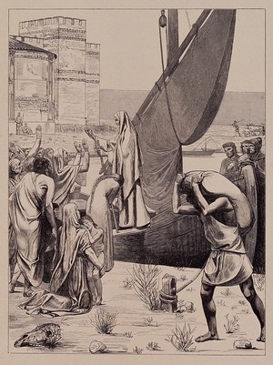 view Saint Geneviève: she steps out of a boat bringing grain to the people of Paris during the siege of the city in 464. Line block after G. Joubard after Puvis de Chavannes, 1897.