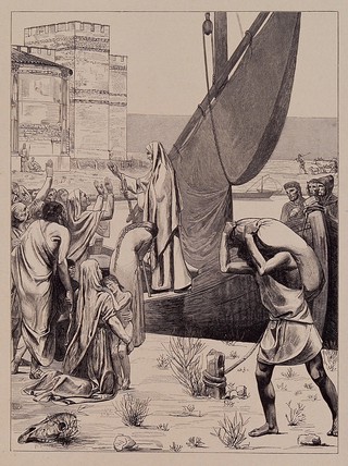 Saint Geneviève: she steps out of a boat bringing grain to the people of Paris during the siege of the city in 464. Line block after G. Joubard after Puvis de Chavannes, 1897.