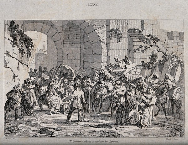 Saint Geneviève, surrounded by a crowd of Parisians, exhorts them (to resist the Huns?). Etching by L.F. Couché after A. Martinet.