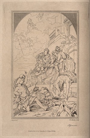 view Saint Geneviève interceding for the people of Paris afflicted by ergotism. Etching by T.L. Busby, ca. 1820, after G.-F. Doyen, ca. 1820.
