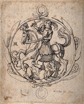 Saint George on horseback fighting the dragon. Etching by W. Hollar after A. Dürer, 1642.