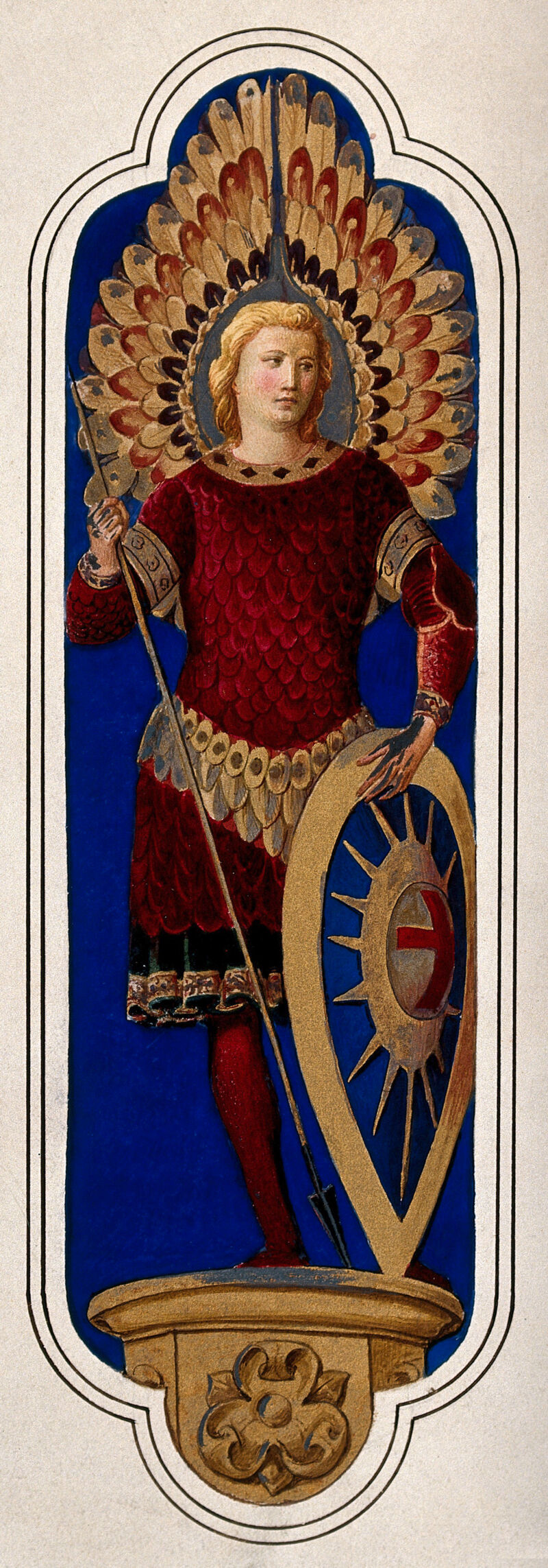 Saint George standing on a pedestal. Gouache after Fra Angelico (?)., by Fra Angelico