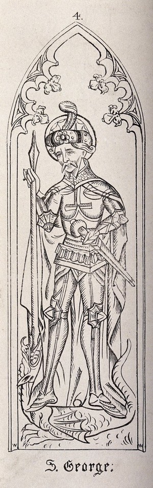 view Saint George wearing armour and holding a sword is standing on the dragon. Engraving, 18--.