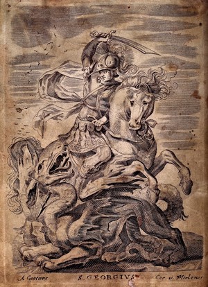 view Saint George on horseback about to kill the dragon with his sword. Engraving by A. Goetiers, 16--.