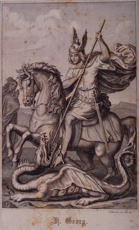 Saint George on horseback wearing a winged helmet, is about to kill the dragon with his lance. Line engraving by J. Leudner, 1842 (?).