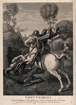 view Saint George. Engraving by N. de Larmessin after Raphael, 1729.