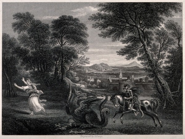 Saint George on horseback wearing armour is about to kill the dragon with his lance. Engraving by S. Lacey after D. Zampieri, il Domenichino, ca. 1835.