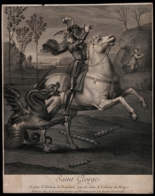 Saint George on horseback wearing armour is about to kill the dragon with his sword. Engraving by N. de Larmessin III after Raphael, 1729.