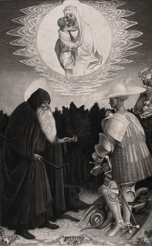 view Saint Antony Abbot and Saint George. Photogravure after Pisanello, 19--.