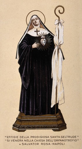 Saint Gertrude, indicating the Christ Child in her heart. Colour lithograph, 19--.
