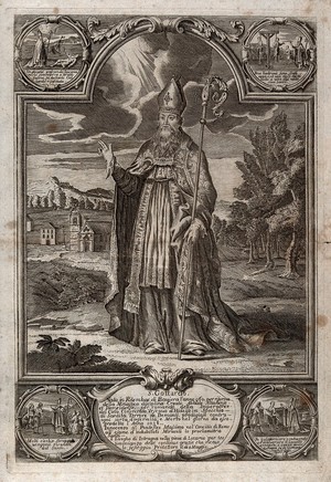 view Saint Gothard wearing episcopal dress as bishop of Hildesheim; church in the background, with roundels showing miracles attributed to him. Engraving by G.M. Riva, 17--.