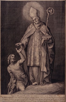 Saint Gregory of Utrecht wearing episcopal dress is giving money to a lame man. Engraving by F. Bloemaert after A. Bloemaert, 16--.