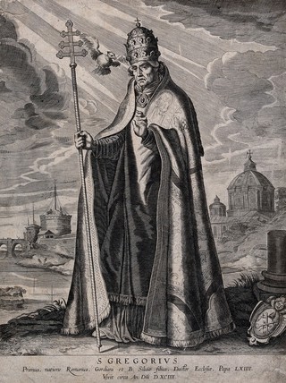 Saint Gregory the Great wearing papal dress is standing by the Tiber; Castel Sant'Angelo and Saint Peter's in Rome in the background. Engraving by A. Hogenberg after D. Teniers, 16--.