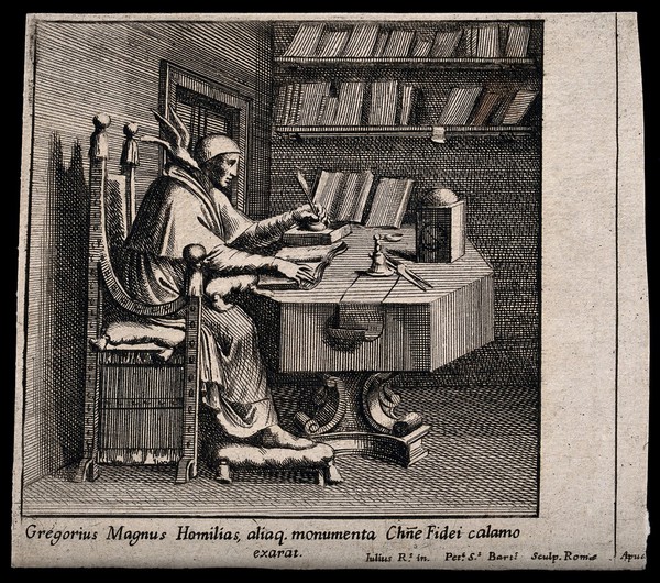 Saint Gregory in his study writing his homilies. Engraving by P.S. Bartoli after G. Romano.