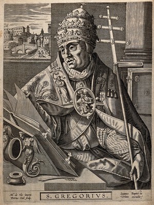 view Saint Gregory, as pope; Rome in the background. Engraving by P. Cool after M. de Vos.