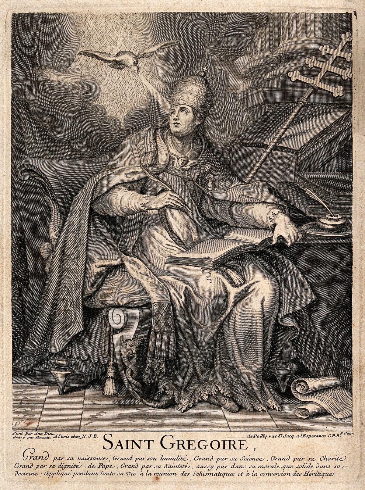 Saint Gregory, wearing papal costume, is seated at his desk writing his homilies. Engraving by Houatt and N. Bazin after A. Dieu, 17--., 1700-1799, by Antoine Dieu