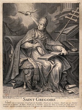 Saint Gregory, wearing papal costume, is seated at his desk writing his homilies. Engraving by Houatt and N. Bazin after A. Dieu, 17--.