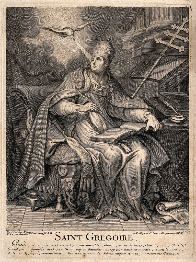 Saint Gregory, wearing papal costume, is seated at his desk writing his homilies. Engraving by Houatt and N. Bazin after A. Dieu, 17--., 1700-1799, by Antoine Dieu
