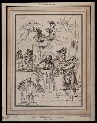 Saint Gregory the Great, wearing ecclesiastical dress, is kneeling in prayer; angels above him. Etching by S. Watts after Annibale Carracci, 1766.