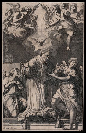 Saint Gregory the Great, wearing ecclesiastical dress and supported by two angels, is kneeling in prayer; angels above him. Etching by J. Ballin (?) after A. Carracci, 16--.