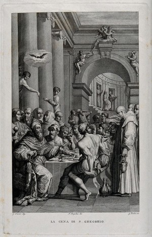 view The supper of Saint Gregory: Saint Gregory seated at a table with his companions; a monk is pouring some wine. Engraving by G. Tomba after N. Angiolini after G. Vasari.