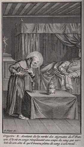 Saint Gregory, doubting the stigmata of Saint Francis, sees in a dream Saint Francis filling a chalice with his blood. Engraving by B. Picart, 1732.