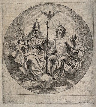 Saint Gregory the Great enthroned on the right hand of Christ; above, the Holy Ghost. Etching by R. Eynhoudts after C. Schut, 16--.