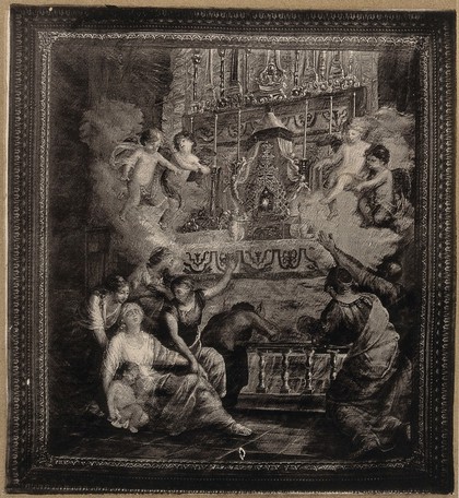 Sick people kneeling in front of a reliquary on the altar of Saint Gudule's church (in Brussels?). Photogravure.