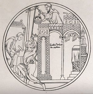 view Saint Guthlac building a chapel at Croyland. Engraving by G.F. Storm after C.A. Stothard, 1842.