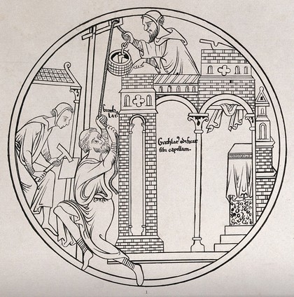 Saint Guthlac building a chapel at Croyland. Engraving by G.F. Storm after C.A. Stothard, 1842.
