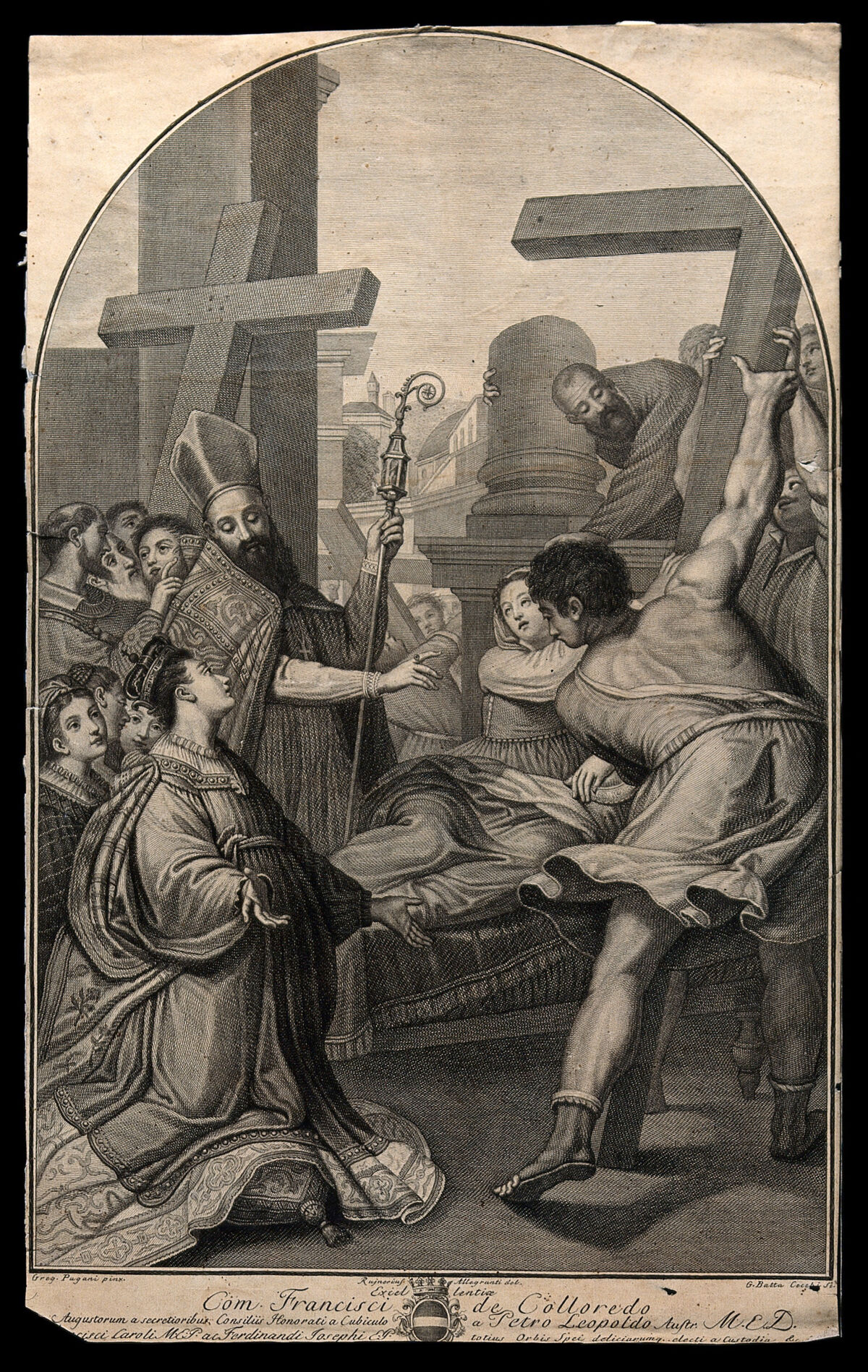 Saint Helena: the cross on which Christ was crucified is raised before her. Engraving by G.B. Cecchi after R. Allegranti after G. Pagani., 1779, by Gregorio Pagani