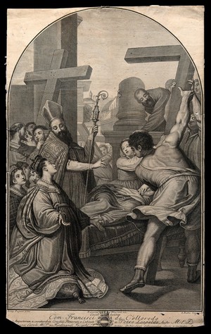 view Saint Helena: the cross on which Christ was crucified is raised before her. Engraving by G.B. Cecchi after R. Allegranti after G. Pagani.