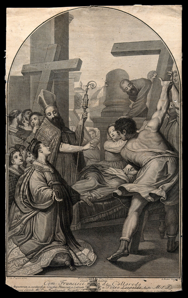 Saint Helena: the cross on which Christ was crucified is raised before her. Engraving by G.B. Cecchi after R. Allegranti after G. Pagani., 1779, by Gregorio Pagani