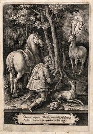 view Saint Hubert of Tongres. Engraving by P. Galle after A. Collaert after J. van der Straet (Stradanus).