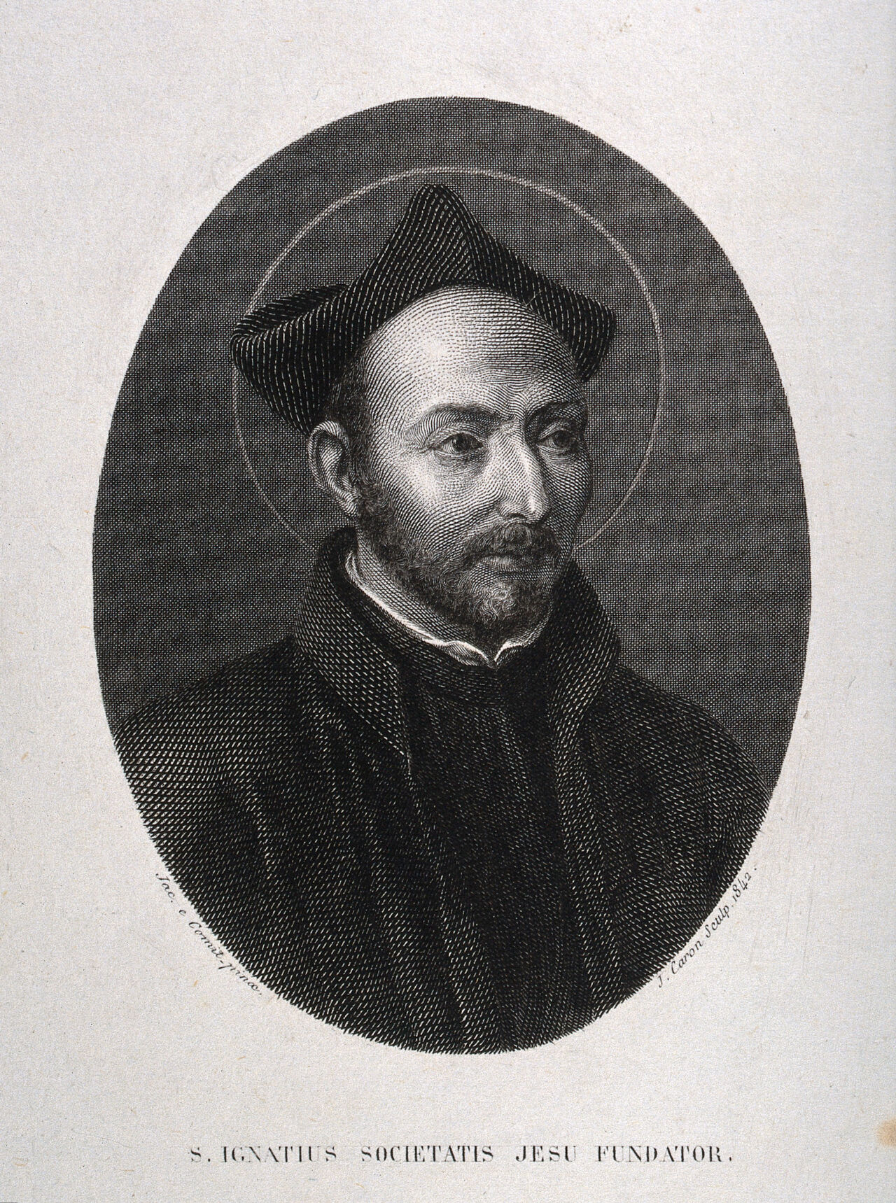 Saint Ignatius of Loyola. Line engraving by J. Caron, 1842, after J. del Conte., 1842, by Jacopino del Conte