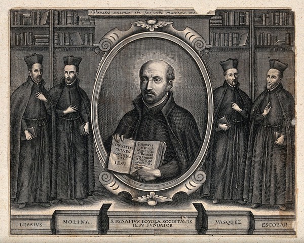 Saint Ignatius of Loyola (centre) with four other leading Jesuits: Lessius, Molina, Vasquez and Escobar. Line engraving.