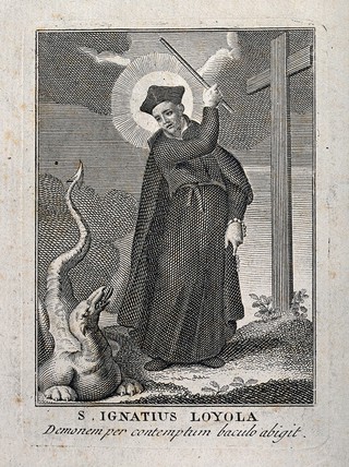Saint Ignatius of Loyola: he drives away with a stick a dragon representing the devil. Engraving.