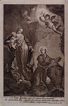 Saint Ignatius of Loyola: the Virgin and Christ Child appear to him and address him. Engraving by P. Perfetti, 1759, after G.B. Cignaroli.