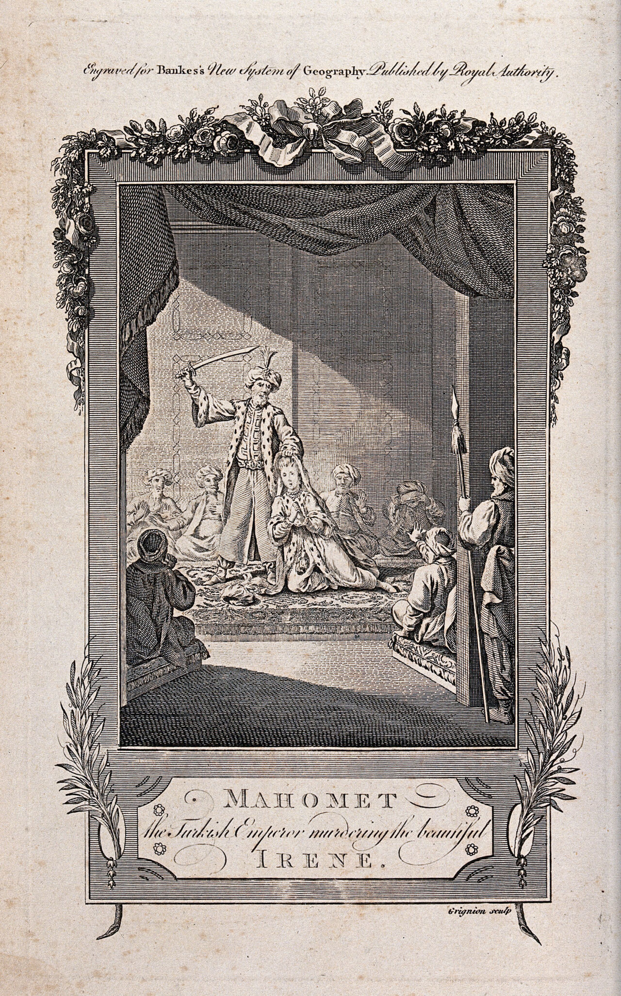 Mahomet executing Saint Irene of Constantinople (?). Etching by C. Grignion., by Charles Grignion the Elder