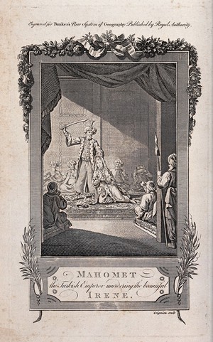 view Mahomet executing Saint Irene of Constantinople (?). Etching by C. Grignion.