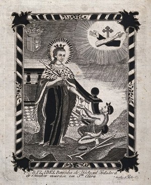 view Saint Elizabeth of Portugal. Engraving by Santos.