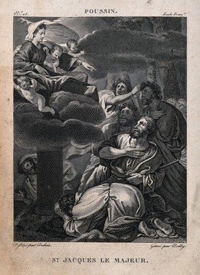 Saint James the Great: the Virgin appears to him on a pillar by the river Ebro. Engraving attributed to A. Boilly, 1827, after Dubois after N. Poussin.