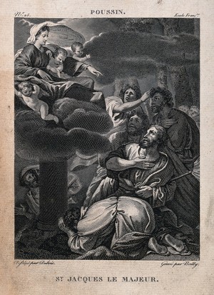 view Saint James the Great: the Virgin appears to him on a pillar by the river Ebro. Engraving attributed to A. Boilly, 1827, after Dubois after N. Poussin.
