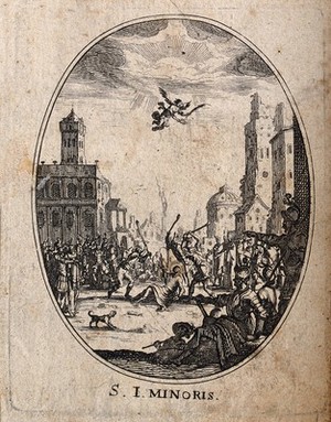 view Martyrdom of Saint James the Less. Etching.