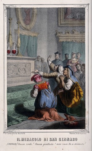 view Saint Januarius: worshippers demand that his blood be turned green or yellow as a miracle. Coloured lithograph by G. Castagnola.